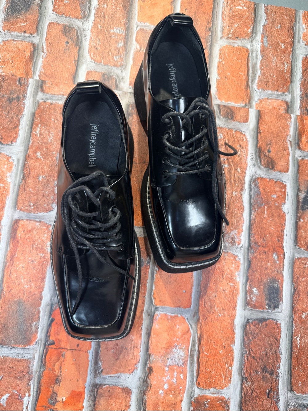 Jeffrey Campbell Black Leather Square-Toe Lace-Up Oxfords